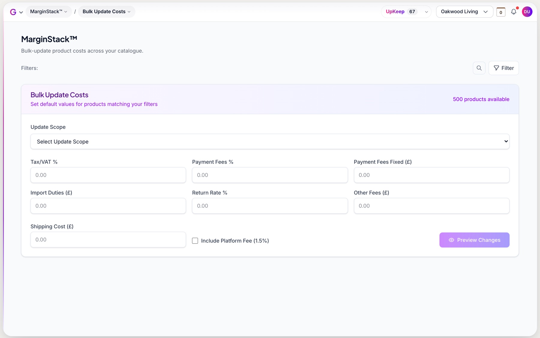 Bulk update costs in GROW: set tax, payment fees, import duties, return rate, other fees and shipping across many products