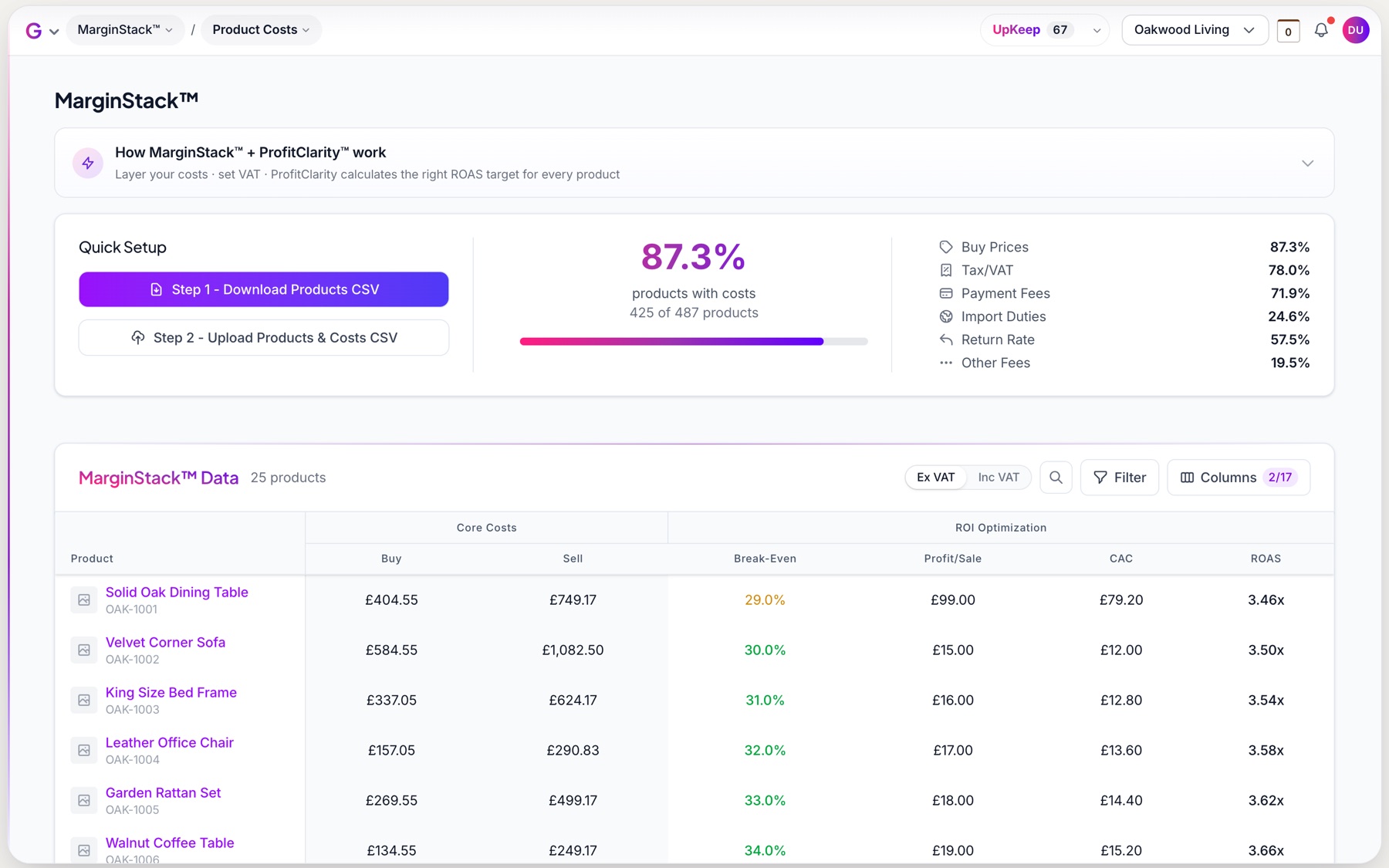 MarginStack in GROW: download the products CSV, upload your costs, and see cost coverage by type