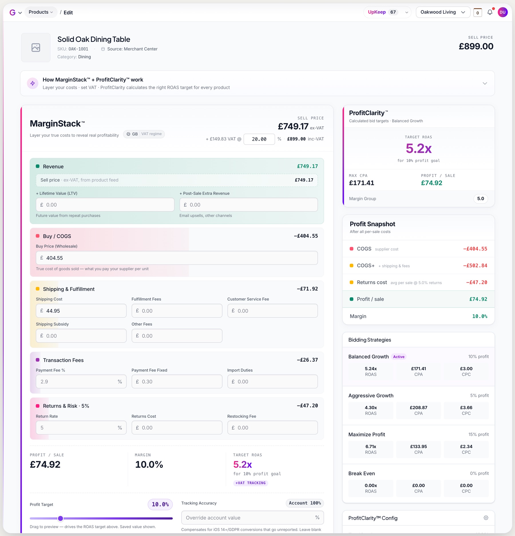 A product in GROW: its MarginStack costs, profit per sale, margin, target ROAS and the bids for each strategy