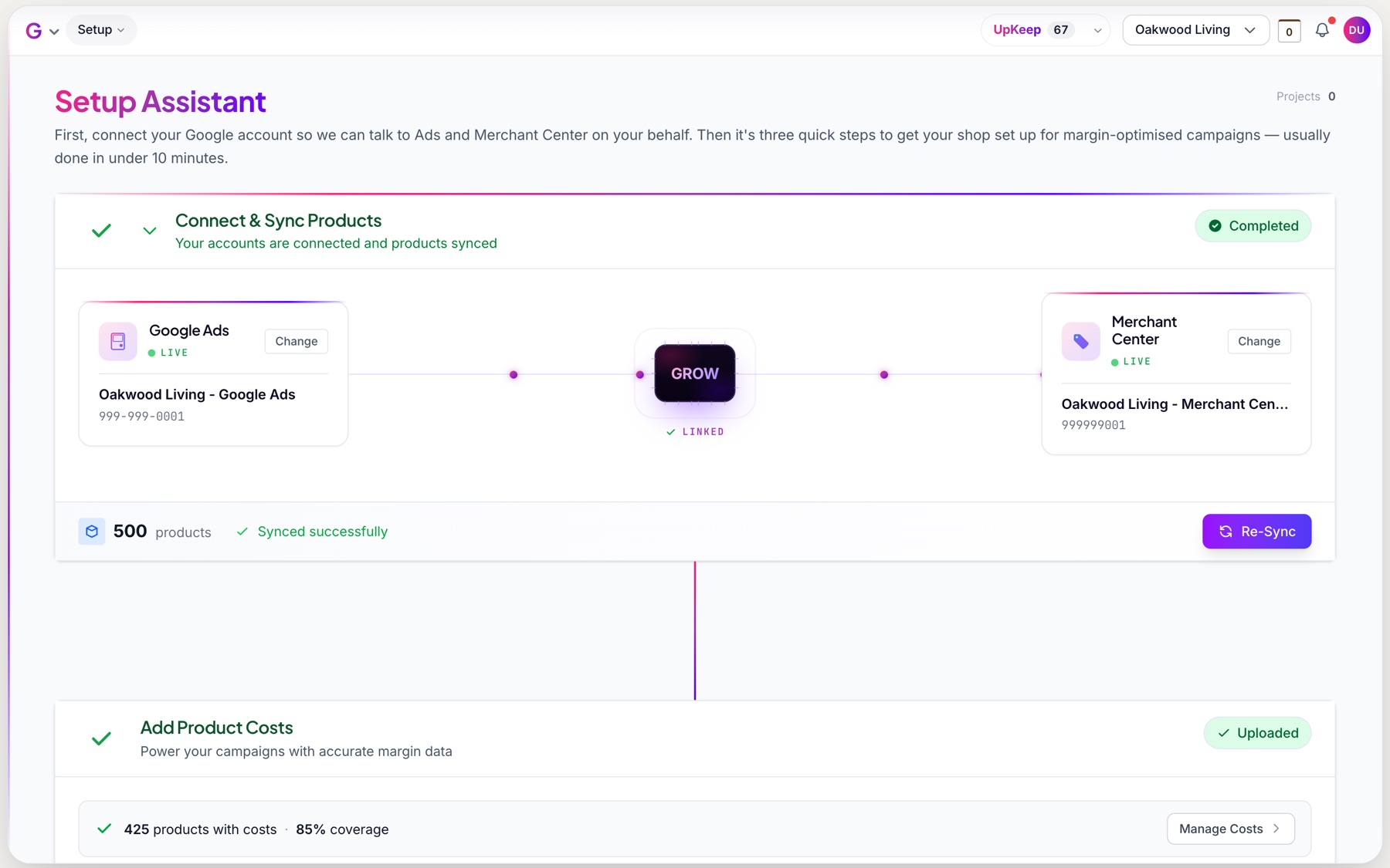 The GROW Setup Assistant: Google Ads and Merchant Center connected, products synced, product costs uploaded