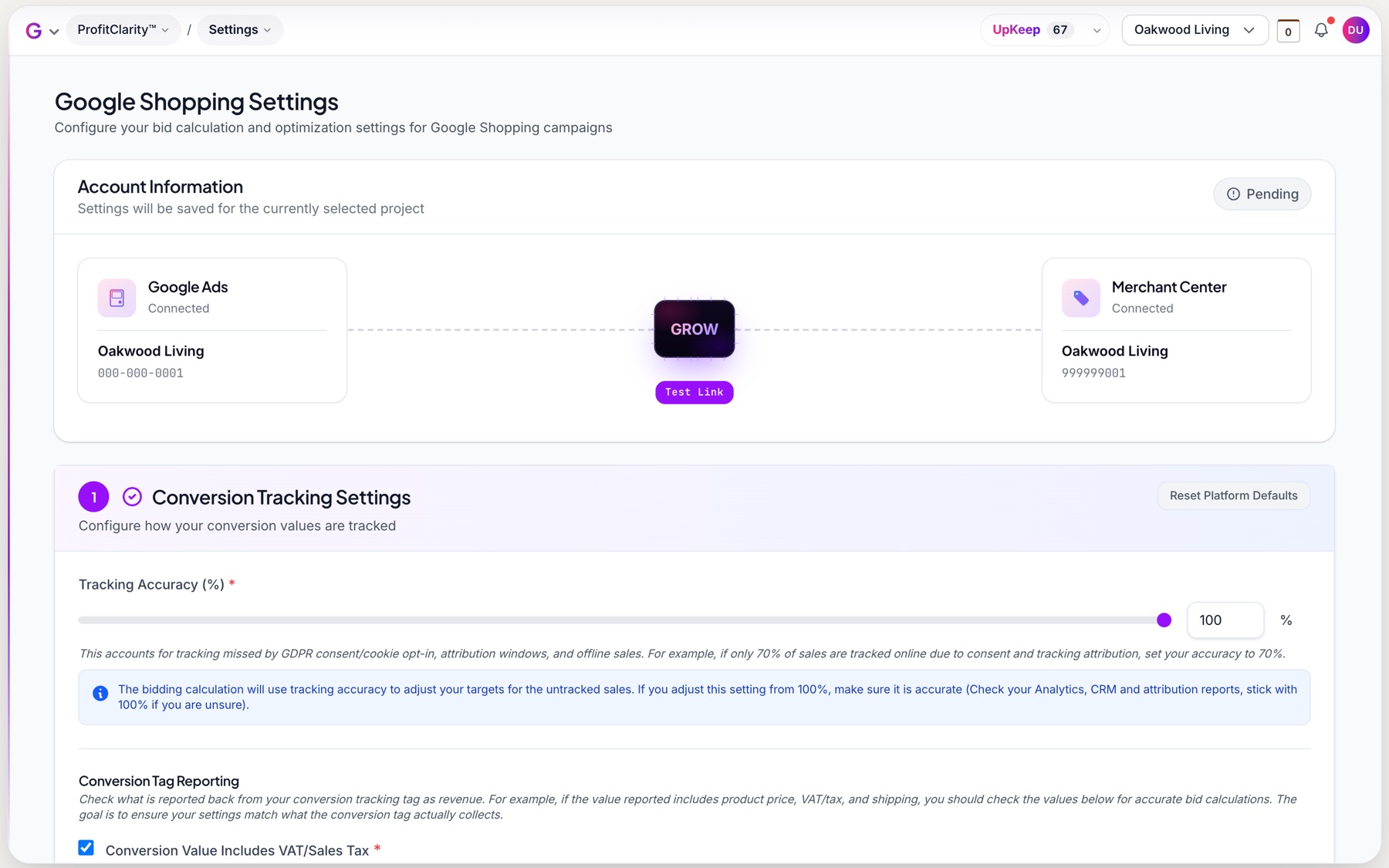 Google Shopping Settings in GROW: tracking accuracy slider and conversion tag reporting options