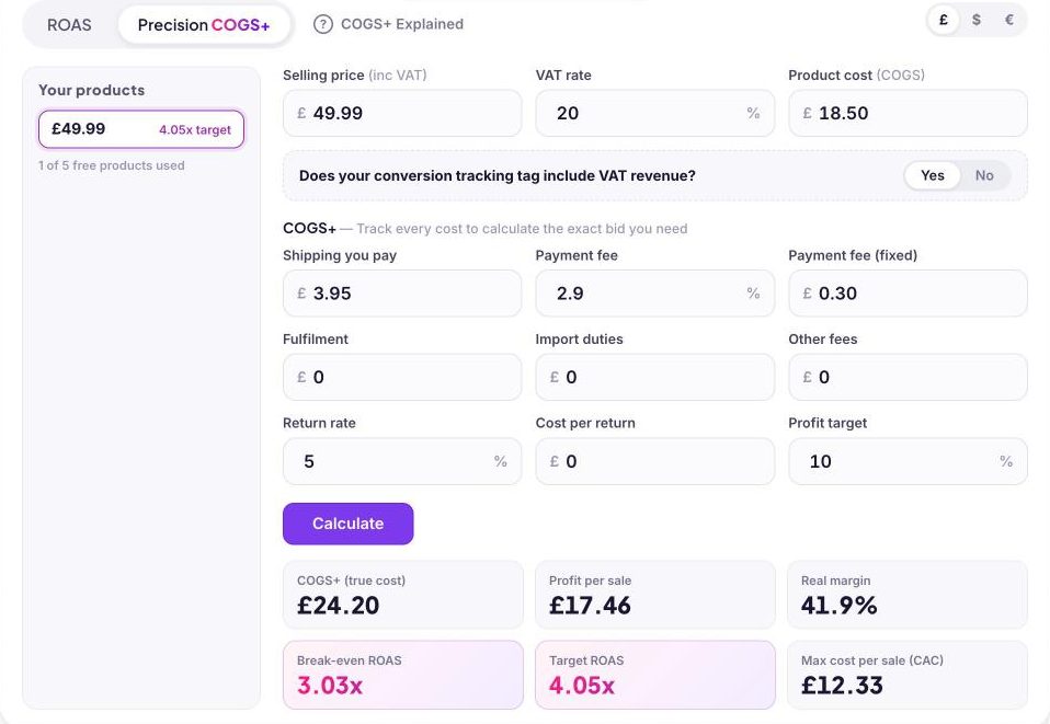 gROAS Calculator — break-even and target ROAS from your real costs